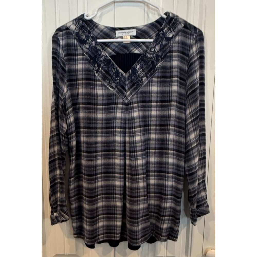 Christopher & Banks Petite L Plaid Blouse Tunic Boho Preppy V-Neck Long Sleeve